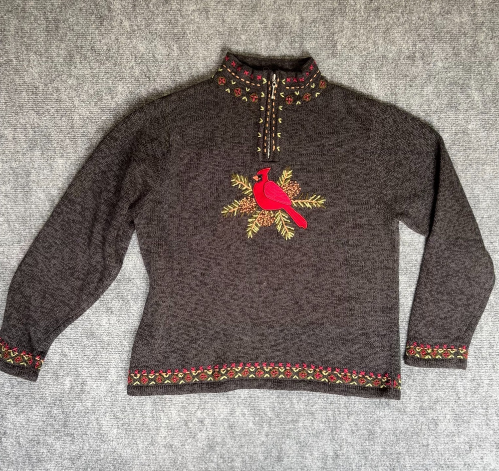 Orvis Womens M Cardinal Bird Embroidered 1/4 Zip Cotton Ramie Sweater
